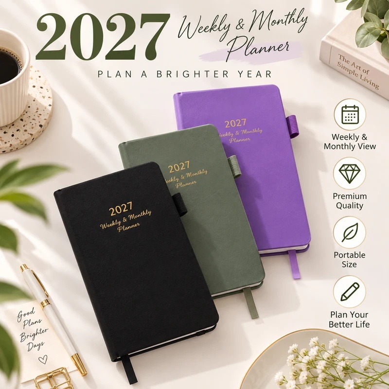 Leather Work Diary Covers - 2027년 주간 및 월간 플래너, 펜